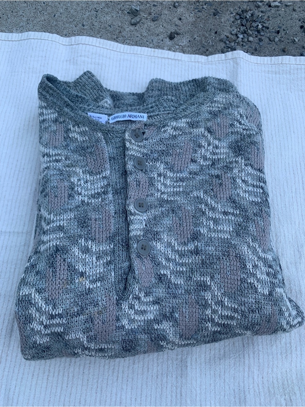 Vintage Giorgio Armani Linen Silk Cotton Henley Sweater Gray Medium